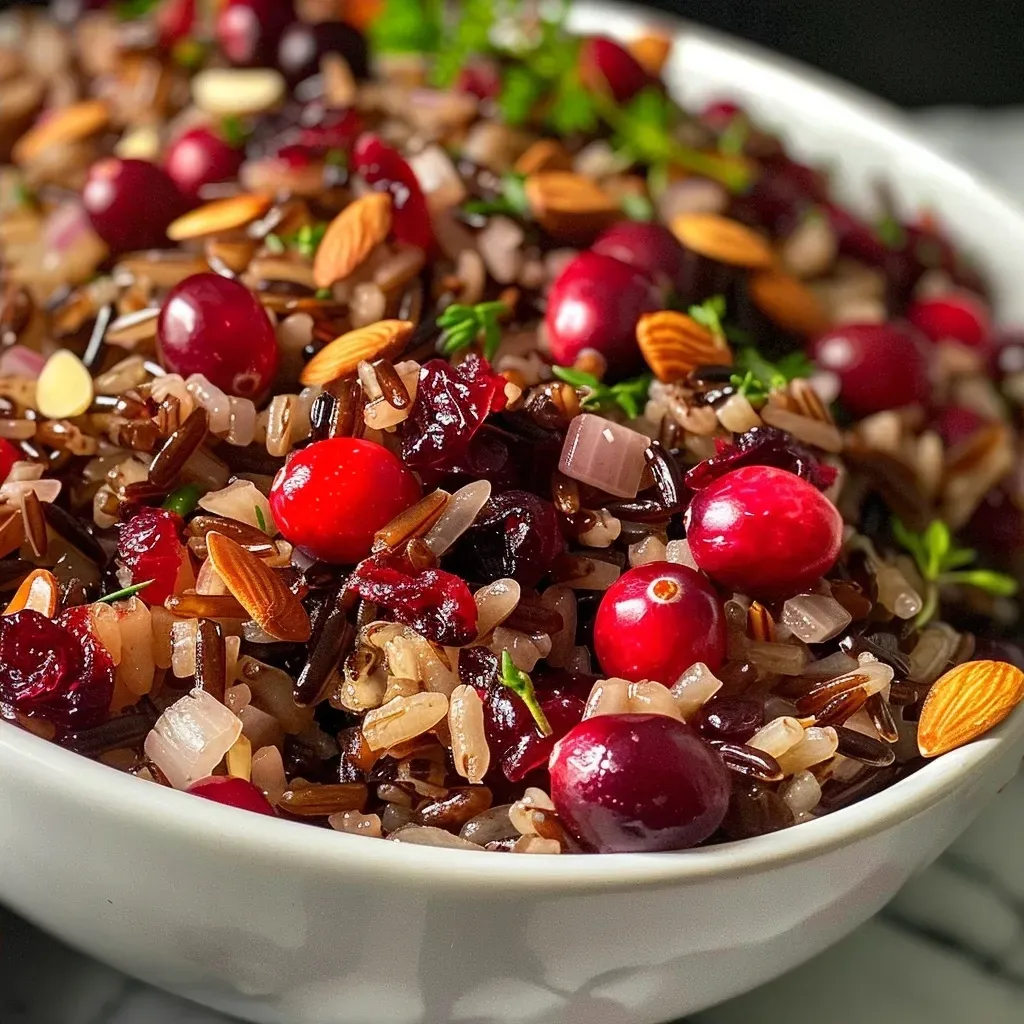 Detailed side view of cranberry and wild rice pilaf with visible cranberries and almonds, presented in a bowl.