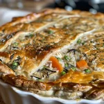 Close-up view of creamy chicken pot pie with wild rice, showcasing a golden crust.