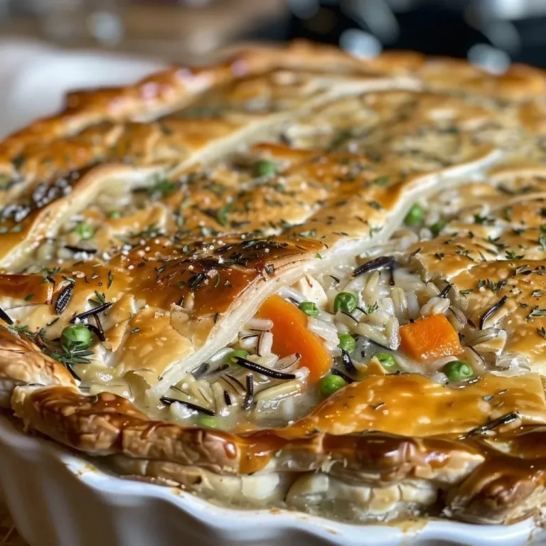 Cremiger Hühner-Pot-Pie mit Wildreis – Herzhafter Genuss für die ganze Familie Close-up view of creamy chicken pot pie with wild rice, showcasing a golden crust.