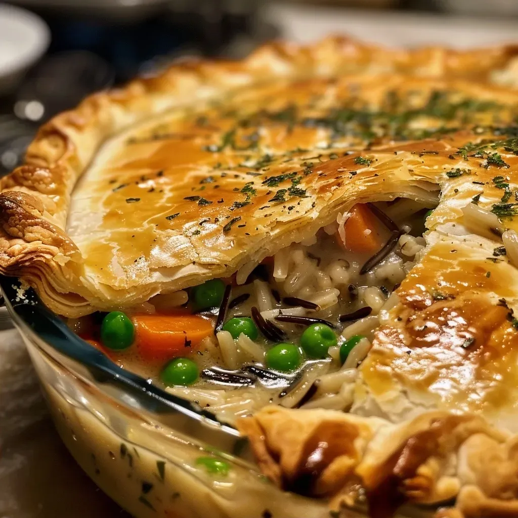 Sliced chicken pot pie revealing filling with wild rice, peas, and carrots.
