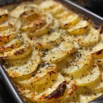 Close-up of creamy potato gratin, showcasing layers of thinly sliced potatoes and a golden crust.
