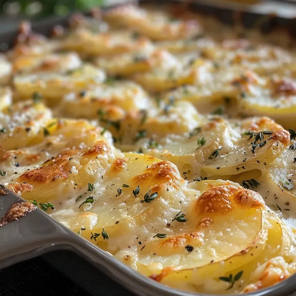 Side view of a baked potato gratin dish, revealing a bubbling top and creamy texture.