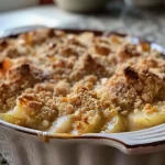 Close-up of a golden-brown Crumble aux pommes with a crunchy topping.