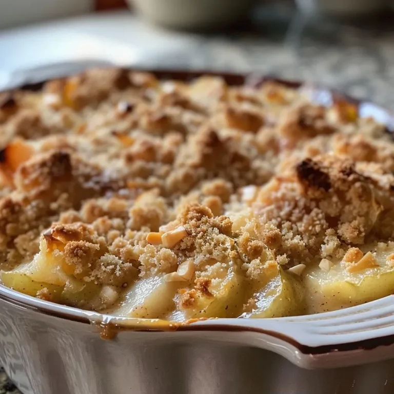 Close-up of a golden-brown Crumble aux pommes with a crunchy topping.