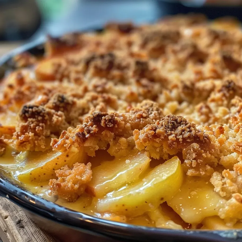 Side view of a fresh Crumble aux pommes showing layered apples and crumble texture.