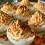 Side view of a plate with deviled eggs topped with paprika and chives.