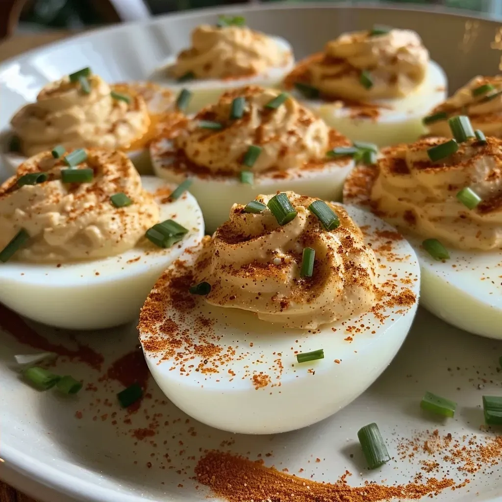 Close-up of a deviled egg, showing creamy filling and garnishes.
