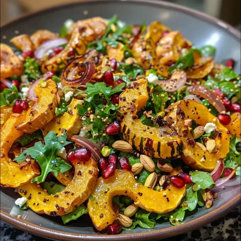 Herbstlicher Delicata Kürbis Salat – Bunt und Lecker Close-up of a vibrant Delicata squash salad with mixed greens, pomegranate seeds, and goat cheese.