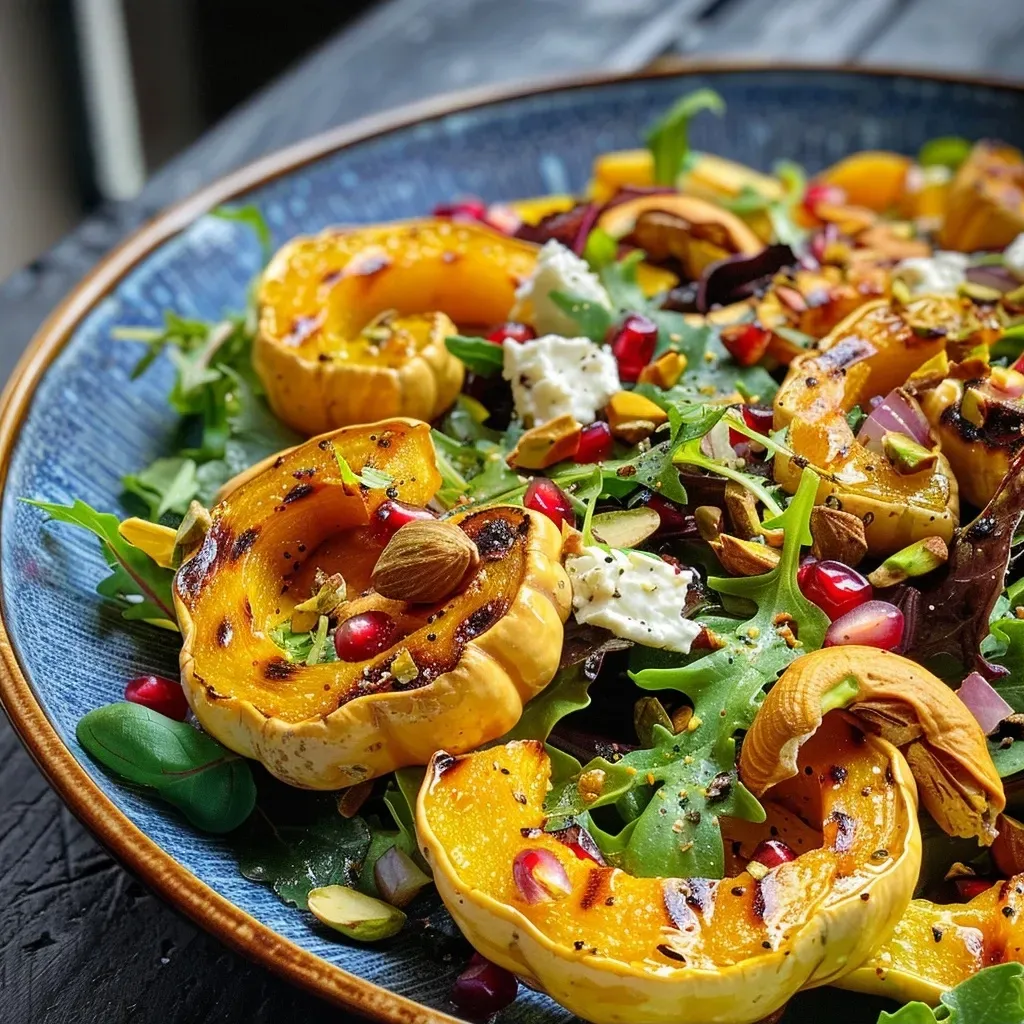Side view of a fresh salad featuring roasted Delicata squash, shallots, and pistachios on a plate.