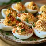 Close-up view of deviled eggs garnished with paprika.