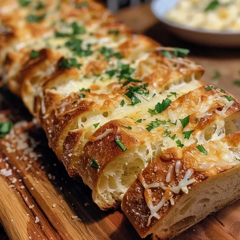 Close-up of three cheese garlic bread, with melted cheese bubbling on top.