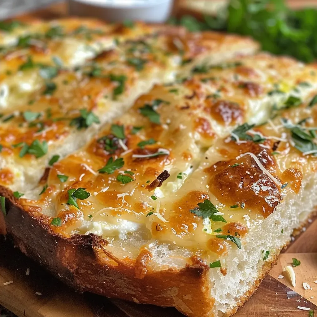 Side view of crispy garlic bread topped with cream cheese and mozzarella.