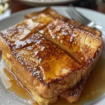 Close-up of a baked eggnog French toast casserole with golden-brown crust.