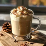 A close-up side view of a cozy eggnog latte in a clear glass, topped with whipped cream and a sprinkle of cinnamon.