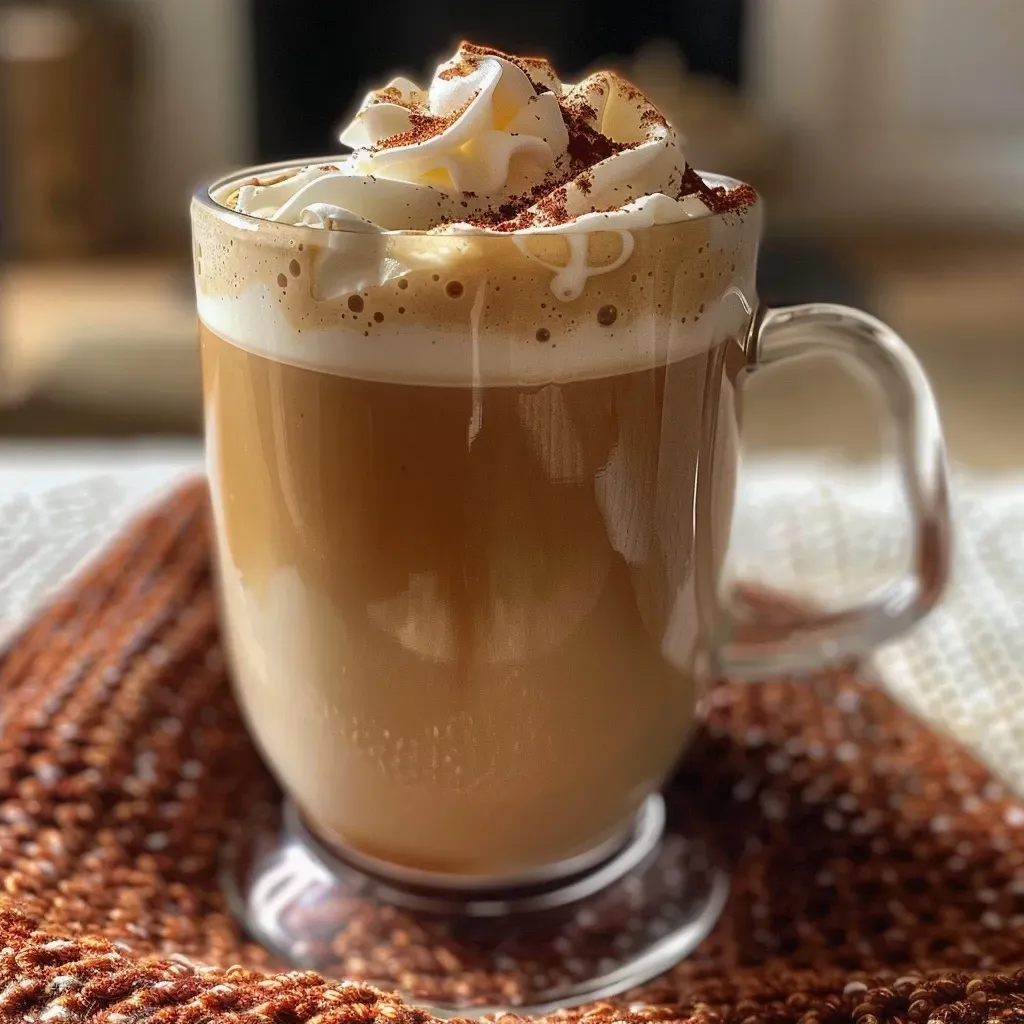 A delicious looking eggnog latte featuring frothy whipped cream and spices, captured in a warm ambiance.