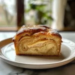 Close-up of a slice of eggnog bread showcasing its moist texture and spices.