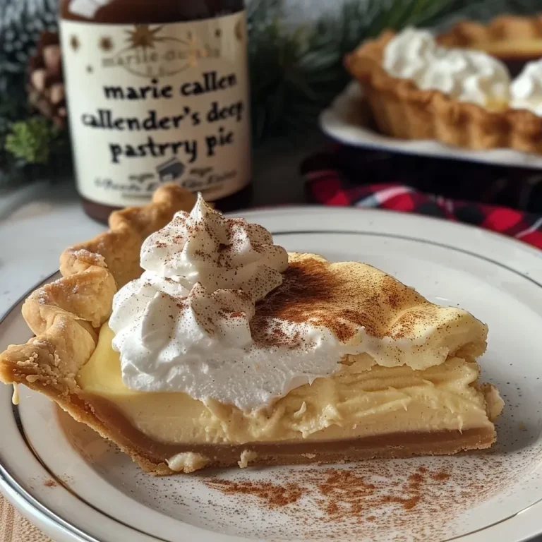 Close-up view of a slice of eggnog pie on a plate with whipped topping and cinnamon garnish.