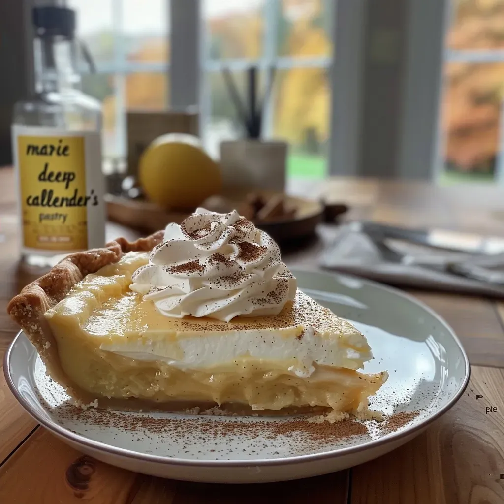 Side view of a rich and creamy eggnog pie in a flaky pastry shell, adorned with whipped cream.