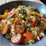 Close-up view of a delicious one-pot sausage and rice dish, featuring sliced sausage, vegetables, and herbs.