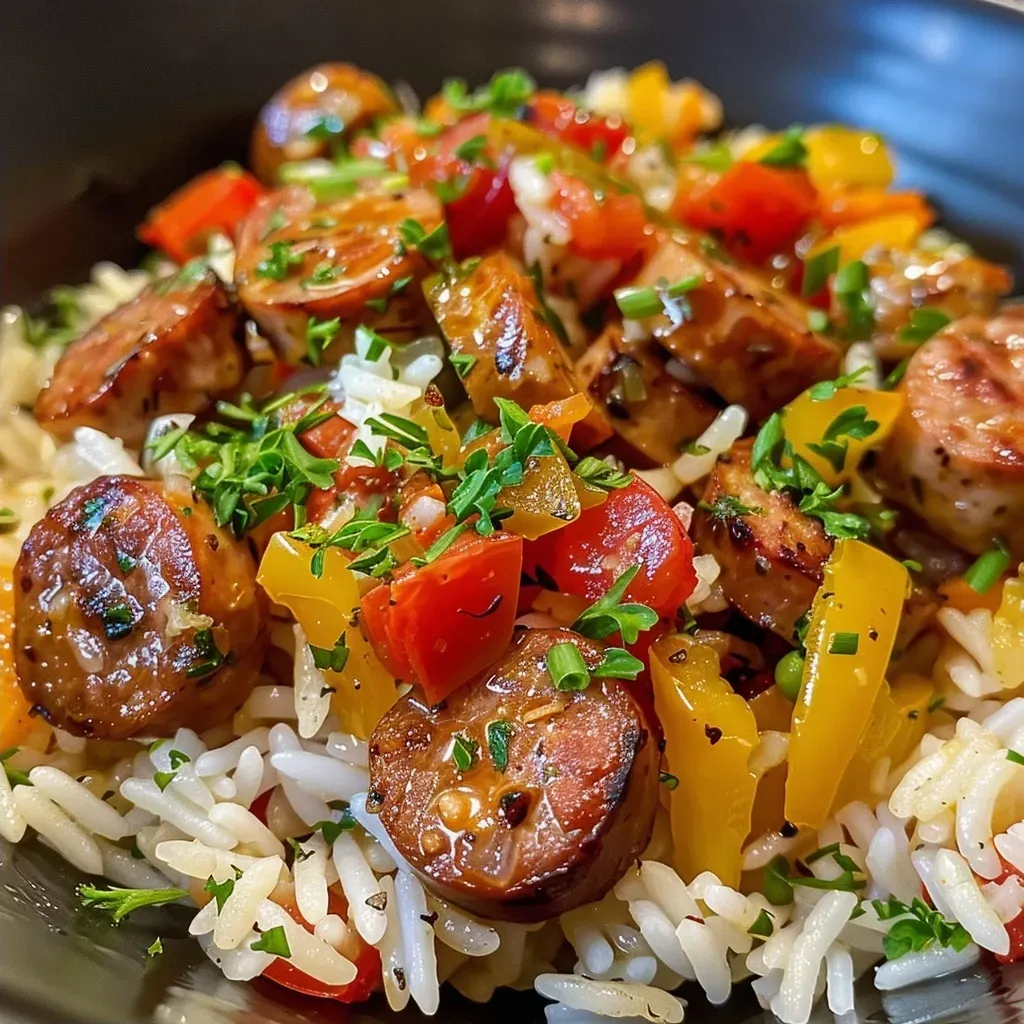 A vibrant one-pot meal showcasing sausage and rice with diced peppers and onions, garnished with parsley.