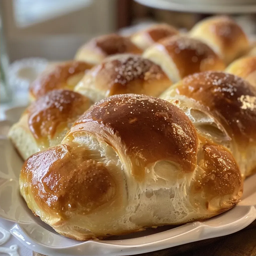 Side view of freshly baked Easy Yeast Rolls, glistening with melted butter.