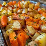 Close-up view of roasted fall vegetables including carrots, parsnips, and butternut squash.