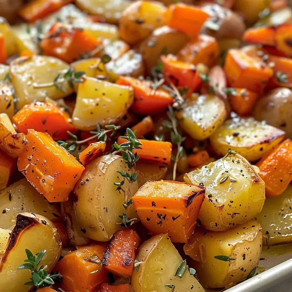 Juicy roasted vegetables arranged on a plate, featuring garlic and shallots.