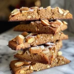 Close-up of golden almond biscotti with a crunchy texture and whole almonds visible.