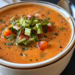 Close-up view of a creamy tomato bisque with vibrant colors and garnished with herbs.