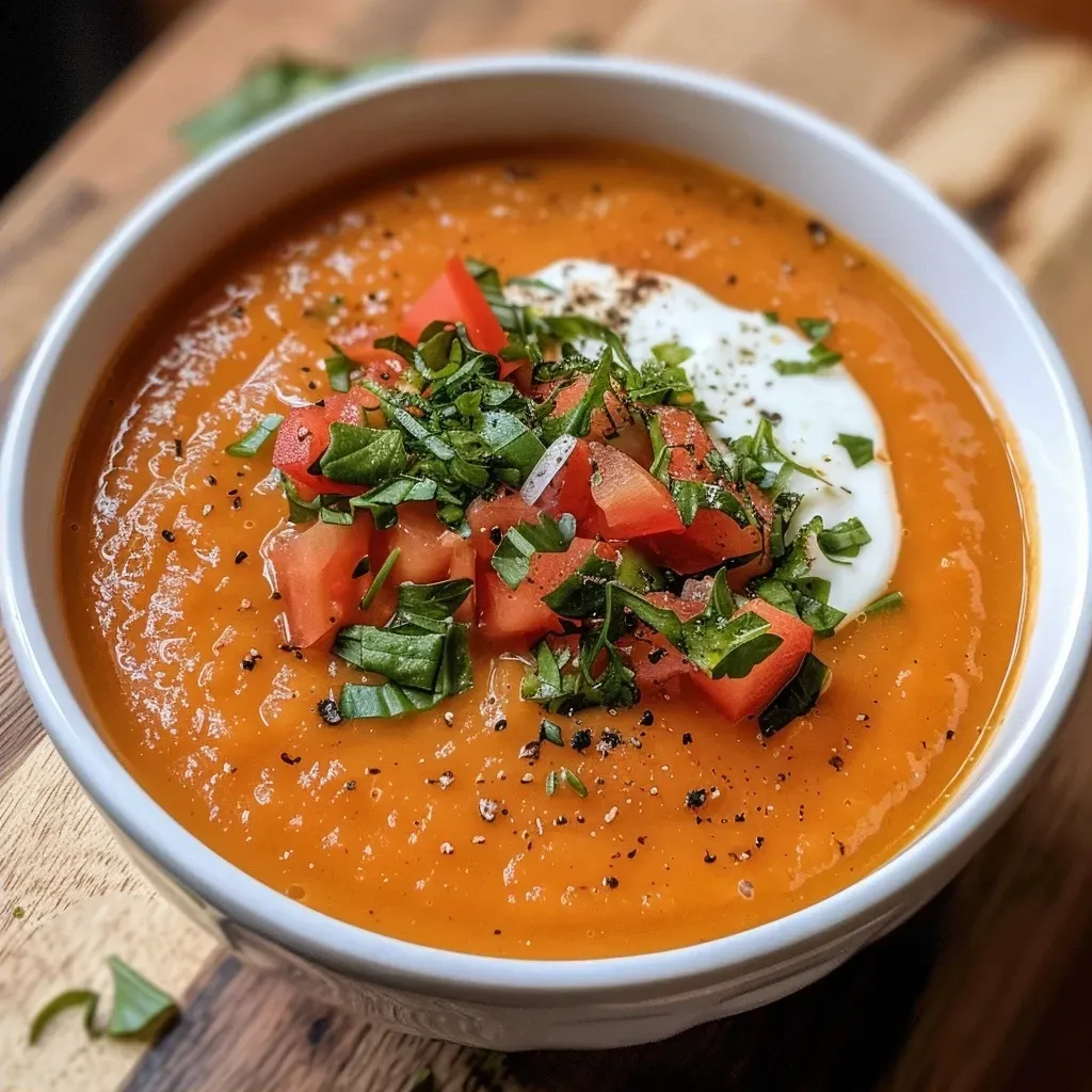 Side view of a steaming bowl of tomato bisque, highlighting its rich texture and fresh ingredients.