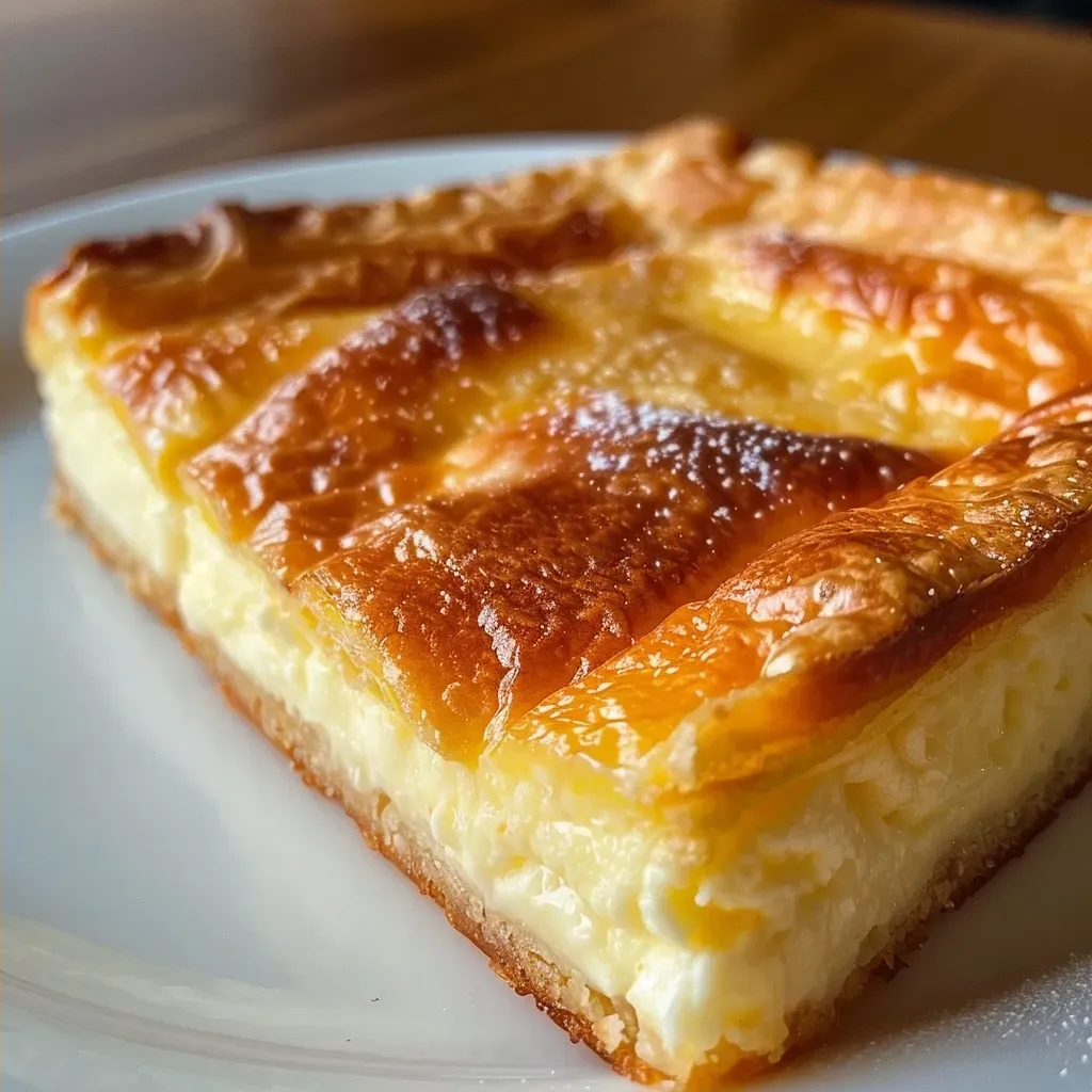 Side view of a delicious cheese pie, showcasing its golden crust and rich filling.