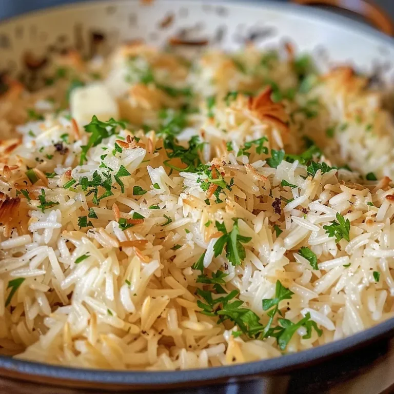 Reis-Pilaw: Ein Genuss für die ganze Familie Close-up of a creamy rice pilaf garnished with parsley.