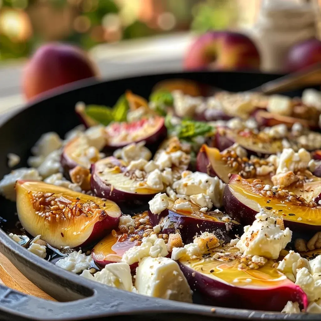 Side view of juicy figs drizzled with honey and sprinkled with feta cheese.