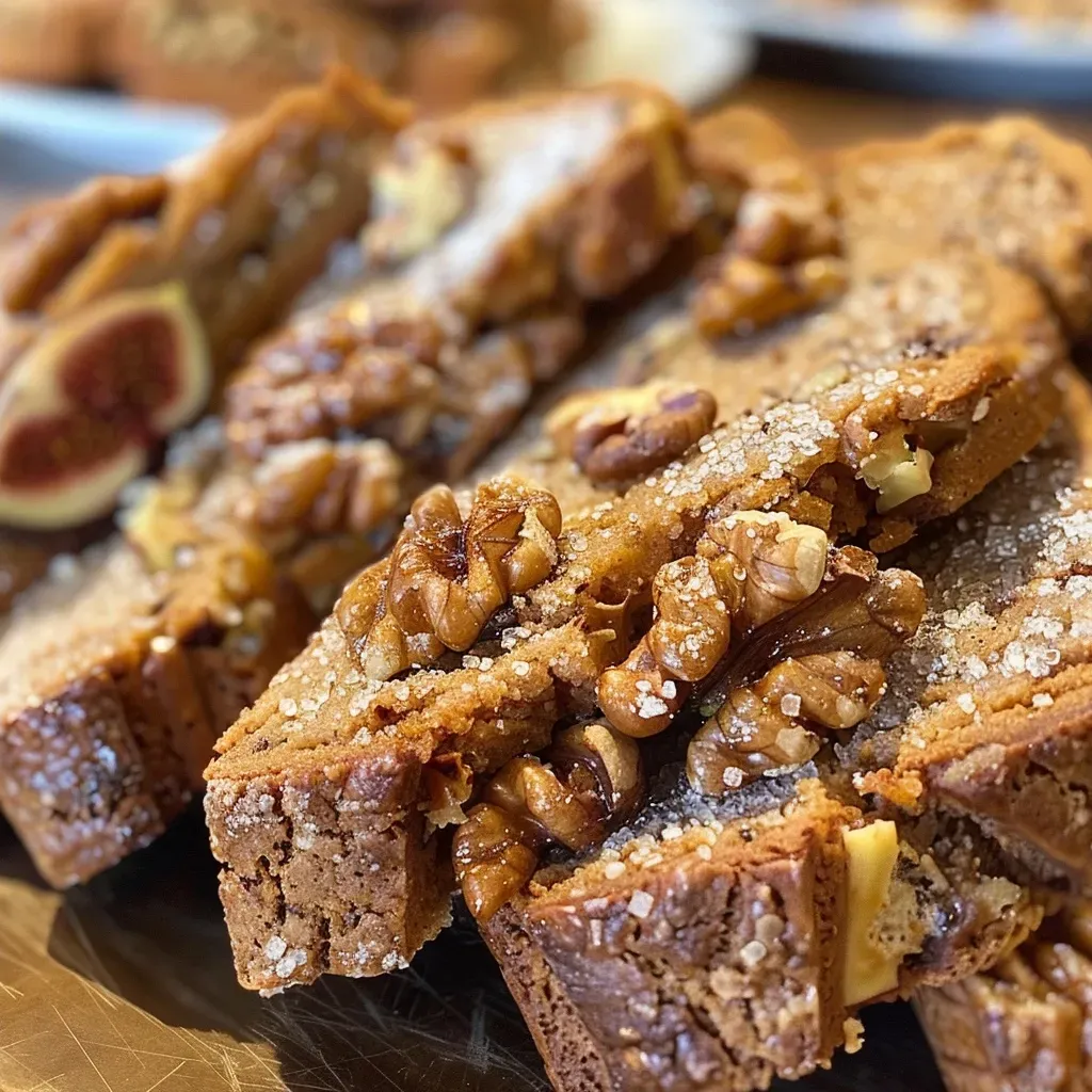 Side view of biscotti featuring chunks of figs and walnuts, with a golden crust.