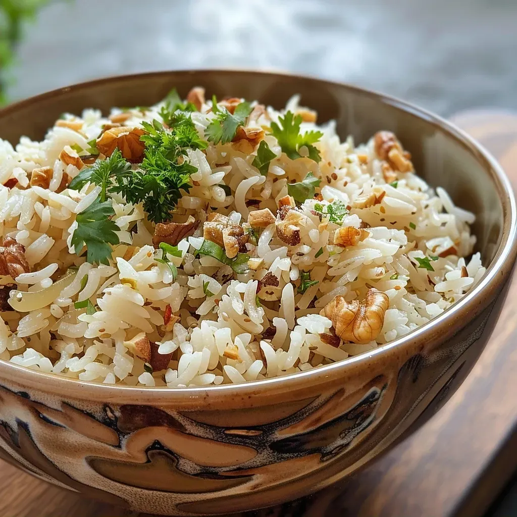 Side view of a delicious Fig & Walnut Pasta Rice Pilaf showcasing chopped figs and walnuts.