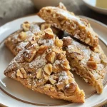 Close-up side view of golden brown fig and walnut scones topped with a shiny maple glaze.