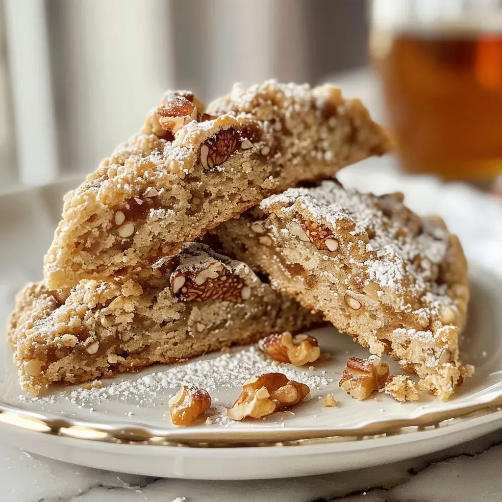 Juicy fig and walnut scones with a drizzle of maple glaze, showcasing their flaky texture.