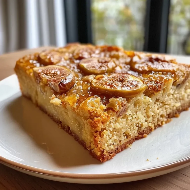 Side view of a Fig and Honey Cake with a golden crust, showing sliced figs and a glossy honey glaze.