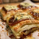 Close-up of flaky puff pastry filled with melted Brie cheese, fig jam, and caramelized onions.