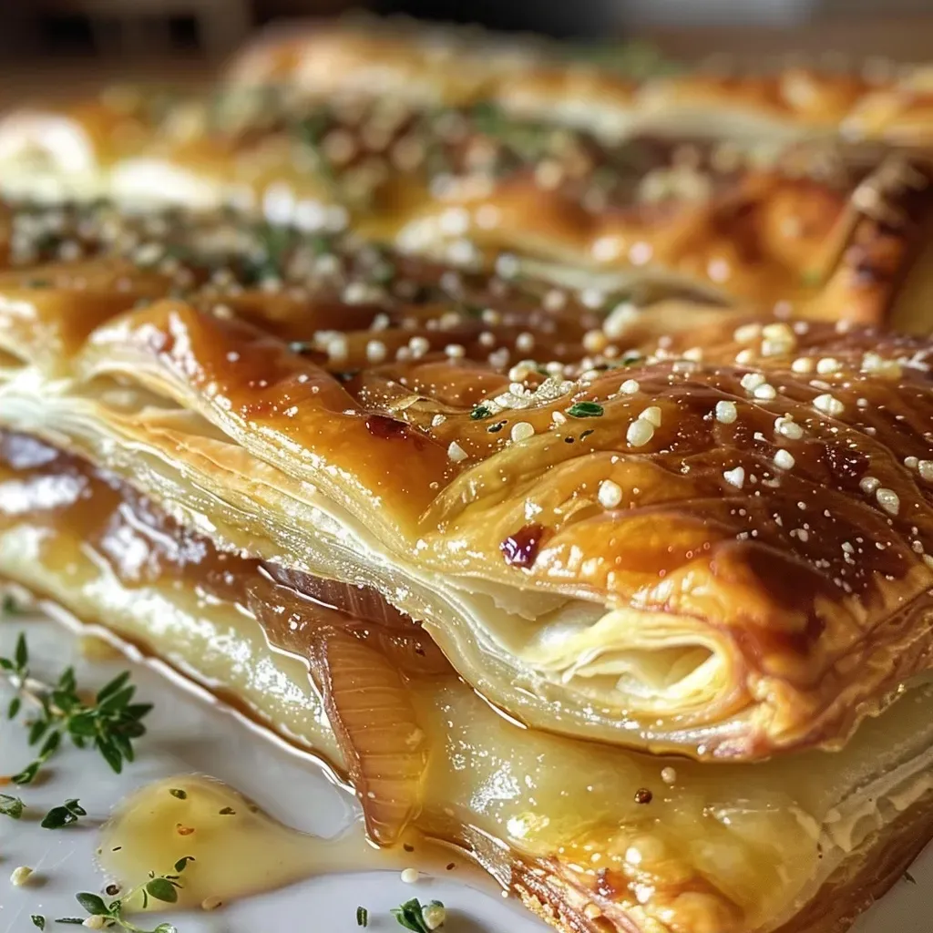 Side view of golden puff pastry with a rich filling of fig jam and Brie cheese.