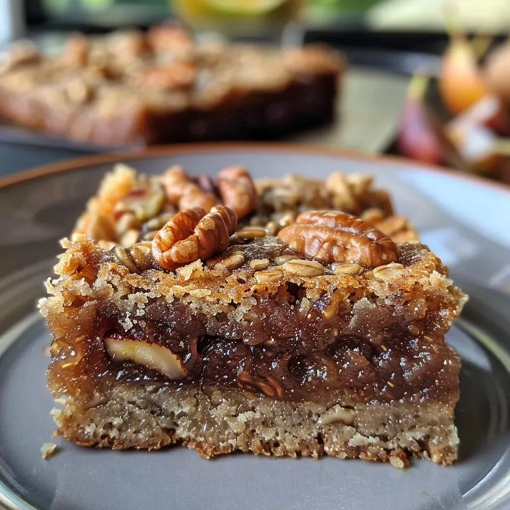 Side view of freshly baked fig bars, with visible chunks of walnuts and a fig filling.