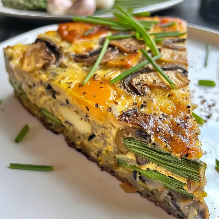 Köstliche Frittata mit Wildreis, Spargel und Portobello – Genussvoll und Einfach Close-up view of a delicious frittata with wild rice, asparagus, and portobello mushrooms.