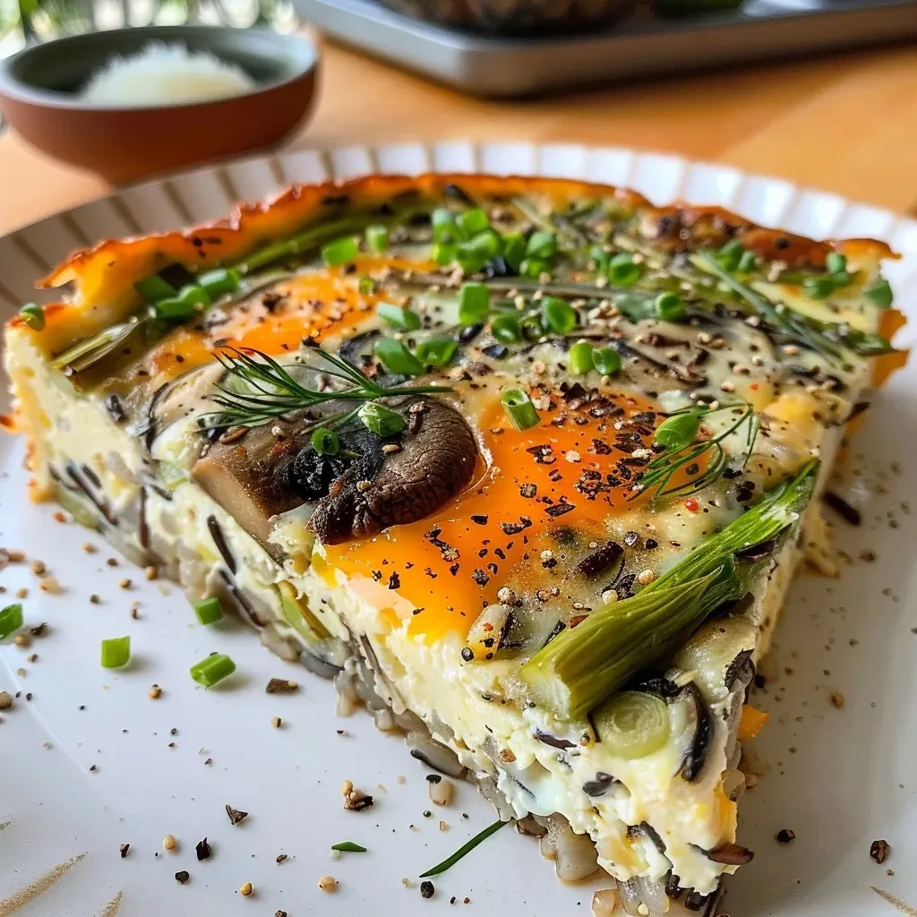 Side view of a vibrant frittata, showcasing ingredients like wild rice and asparagus.