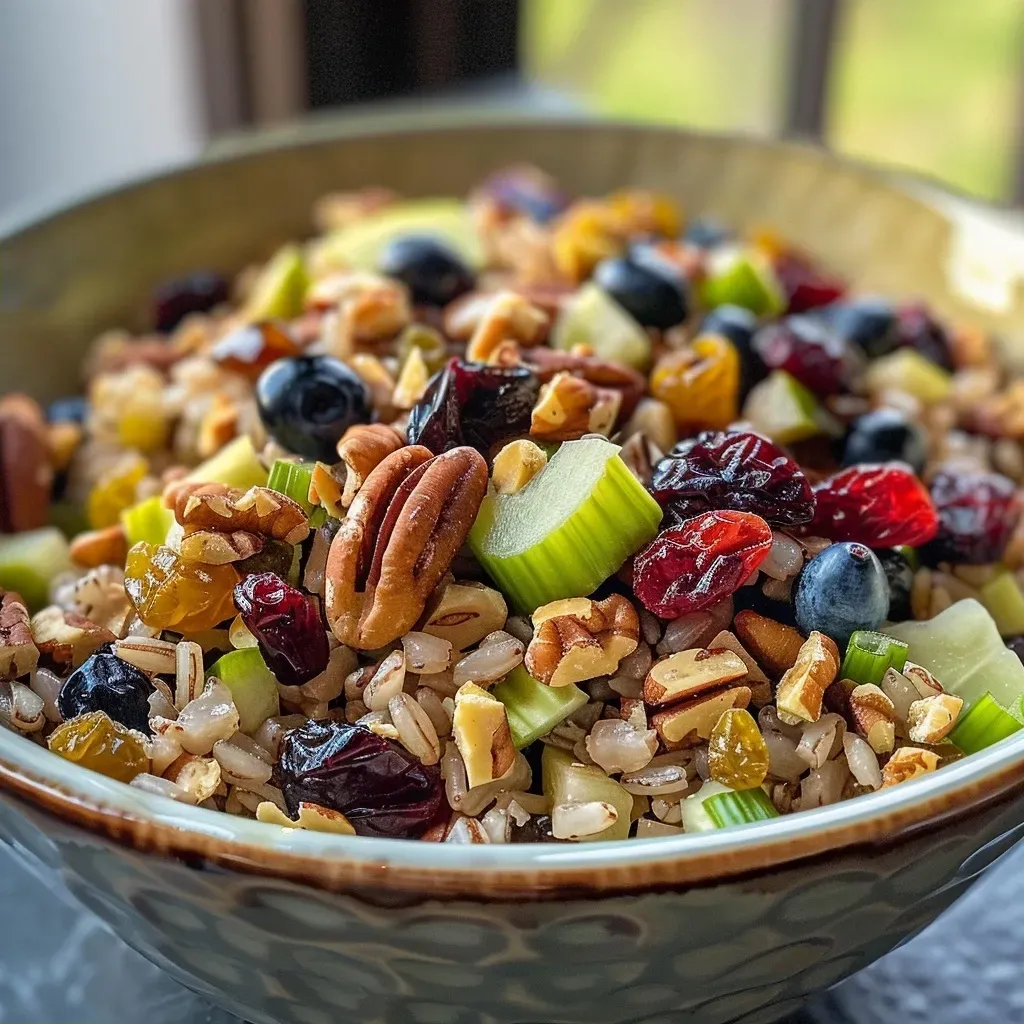 Side view image of a mixed salad featuring dried fruits and nuts.