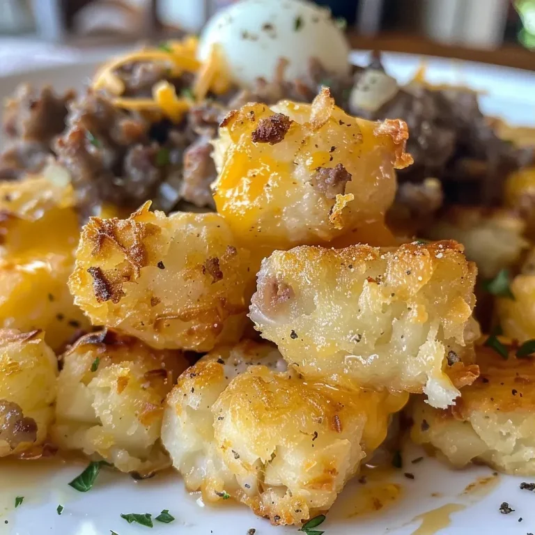 Close-up view of a baked breakfast casserole with sausage and tater tots.