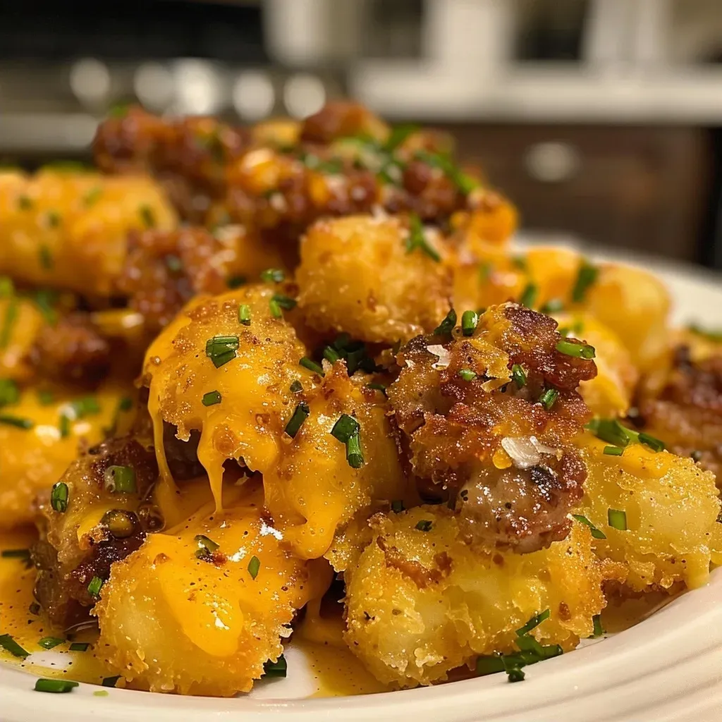 Side view of a golden-brown casserole topped with crispy tater tots and melted cheese.