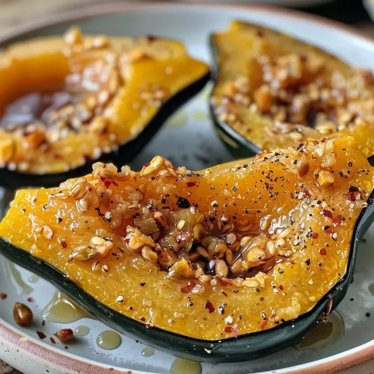 Side view of a halved acorn squash drizzled with olive oil and maple syrup.