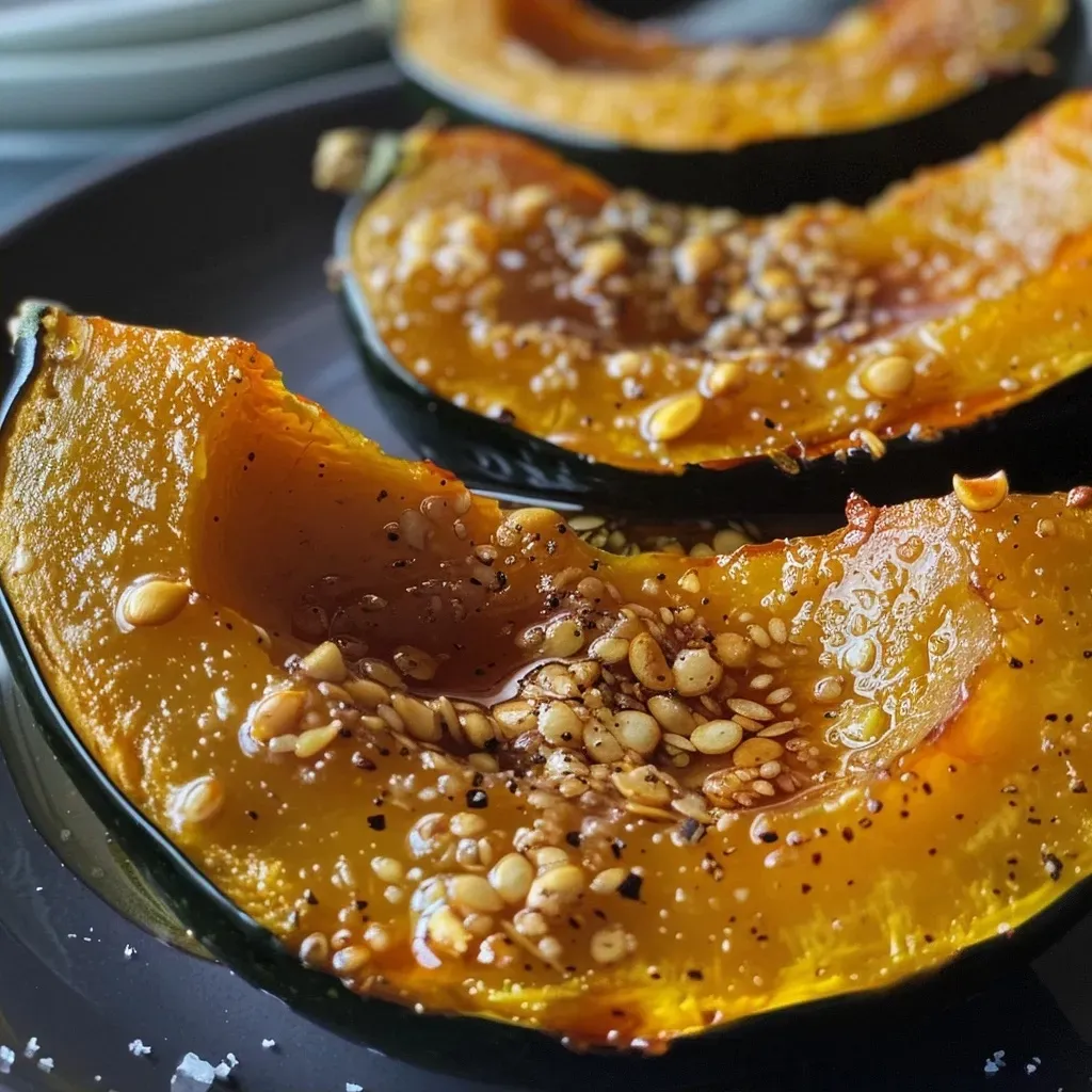 Juicy baked acorn squash showing glistening caramelization and herbs.