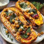 A close-up side view of a stuffed butternut squash filled with colorful vegetables and herbs.