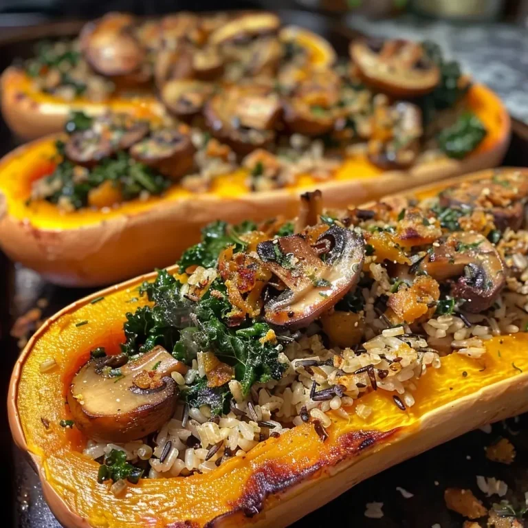 Herzhafter gefüllter Butternutkürbis mit Wildreis und Wurst Close-up view of a stuffed butternut squash filled with wild rice and sausage.